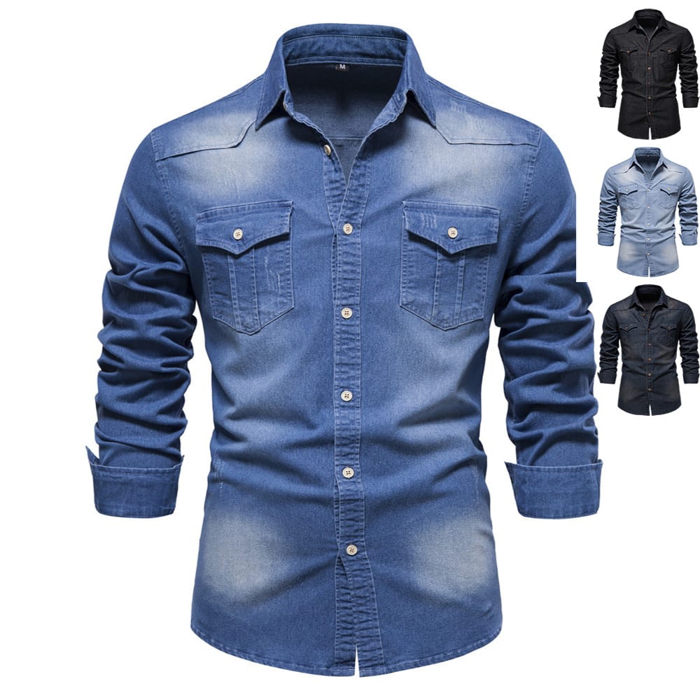 14446018-5fd8-453c-af32-045b18110c3b.jpg Men's Long-sleeved Denim Shirt Casual Solid Button Slim Tops Clothing