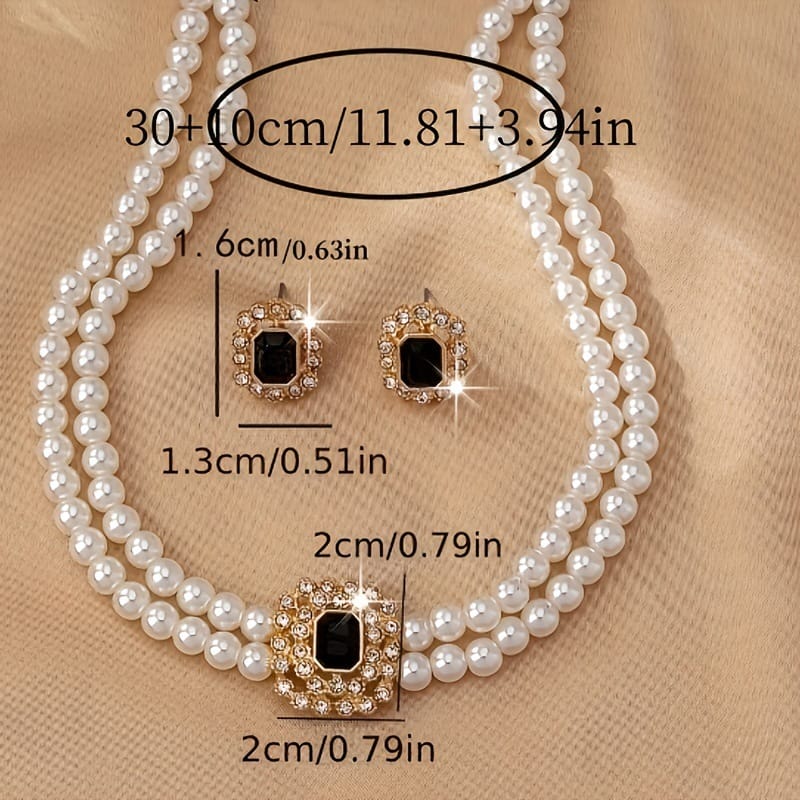31a3ea4b-2fc1-4a9c-b566-e261cff18e48.jpg Stylish Elegant Double Row Pearl Square Diamond-studded Necklace Earings Set - Image 9