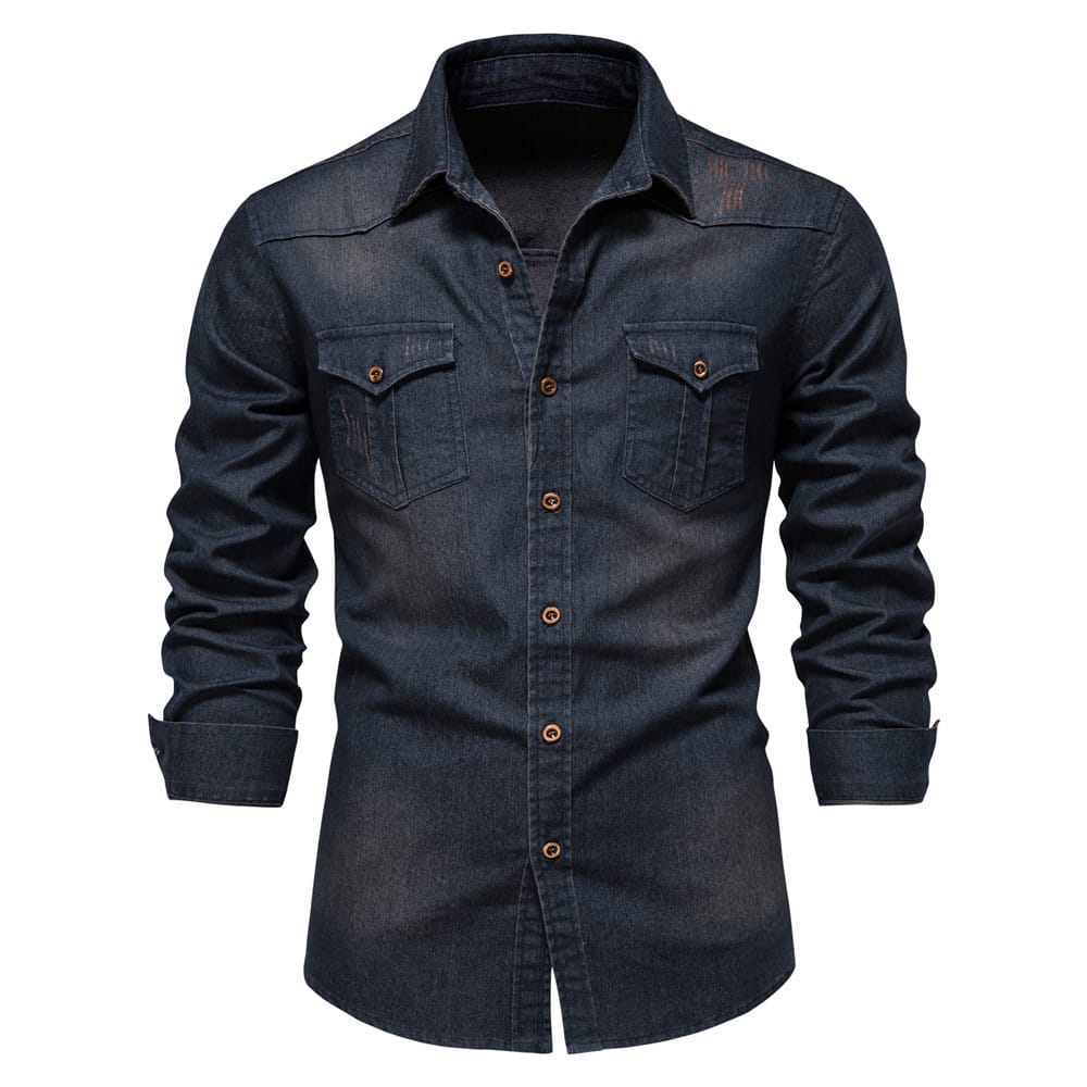3628ea18-4d62-4a6b-ae69-2cf4bf124f7f.jpg Men's Long-sleeved Denim Shirt Casual Solid Button Slim Tops Clothing - Image 7