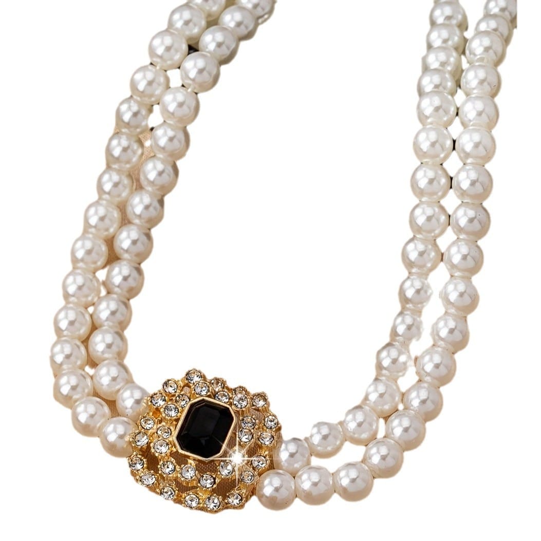5993406b-cdc4-4063-8759-bc4ee017dcb4.jpg Stylish Elegant Double Row Pearl Square Diamond-studded Necklace Earings Set - Image 10