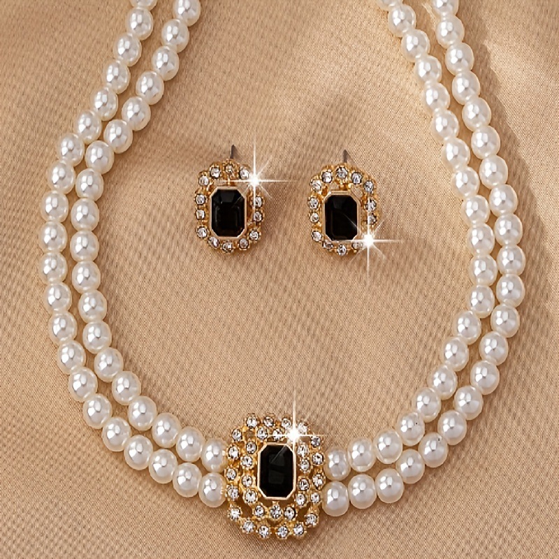 8b94faf9-c1b5-4181-888d-1ca51656f969.jpg Stylish Elegant Double Row Pearl Square Diamond-studded Necklace Earings Set - Image 6