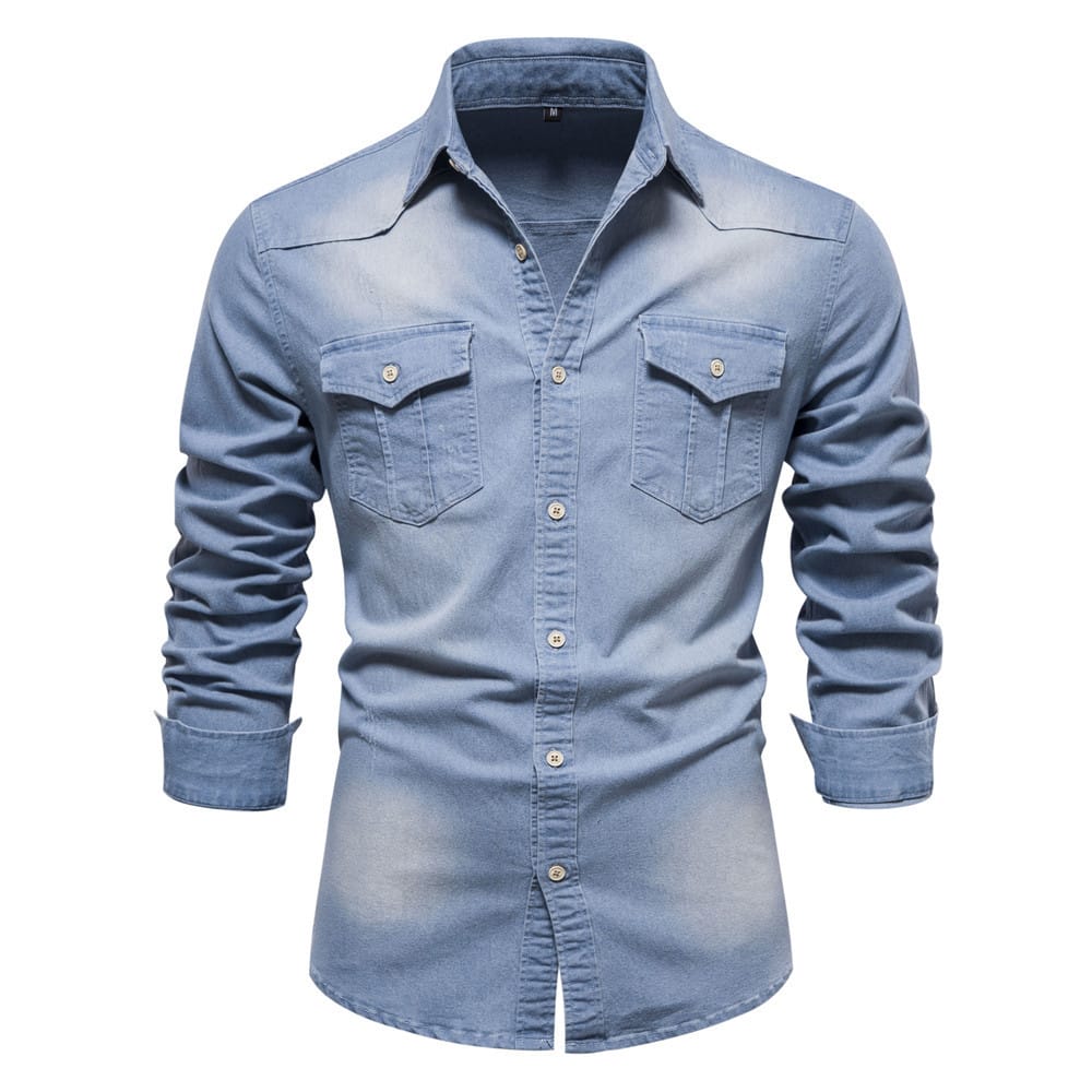 9bee5312-94ac-45c4-9918-4cc386cdb87b.jpg Men's Long-sleeved Denim Shirt Casual Solid Button Slim Tops Clothing - Image 2