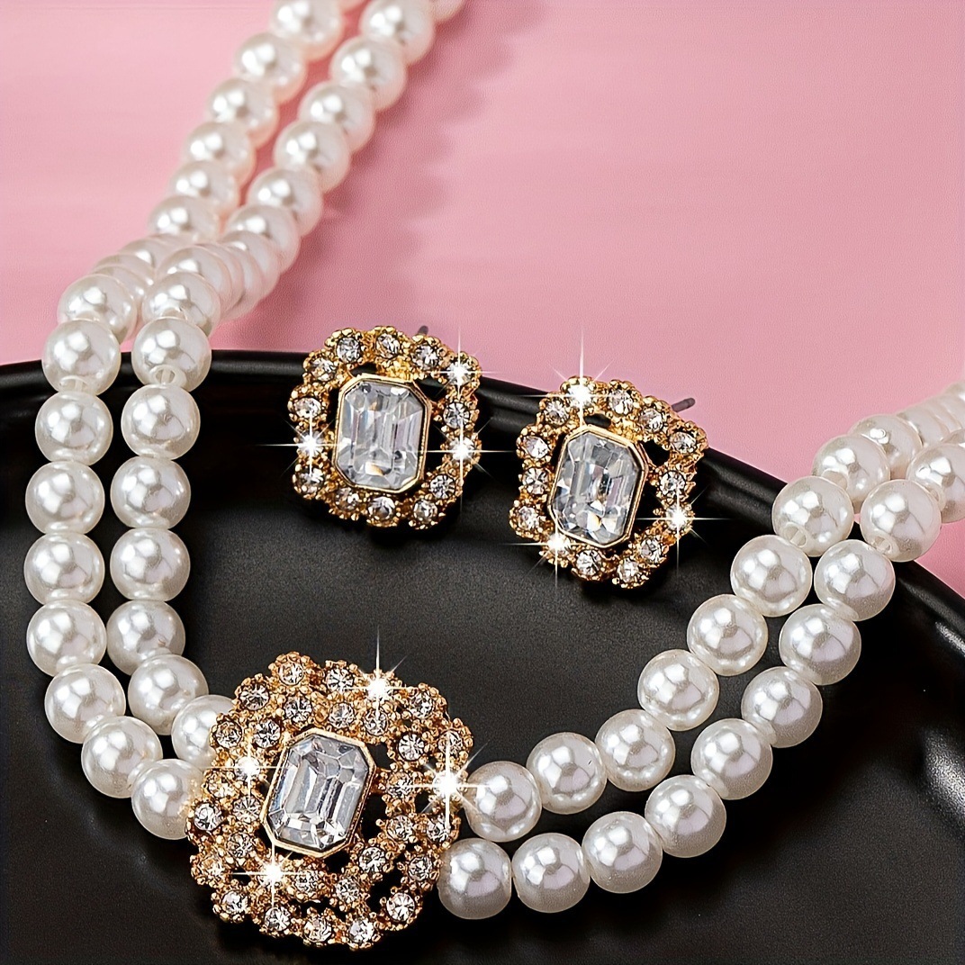 9cffd3fb-7255-4c48-8285-f95f36e5444b.jpg Stylish Elegant Double Row Pearl Square Diamond-studded Necklace Earings Set - Image 3