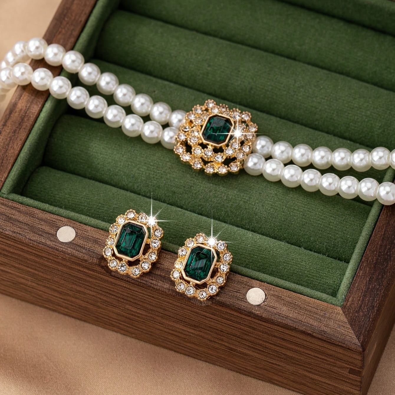 a79d26e5-a910-459c-a373-deaed7752600.jpg Stylish Elegant Double Row Pearl Square Diamond-studded Necklace Earings Set - Image 7